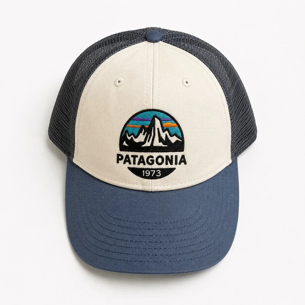 Patagonia 1973 LoPro Trucker Hat Blue Cream Mesh Snapback Mountain Patch Cap
